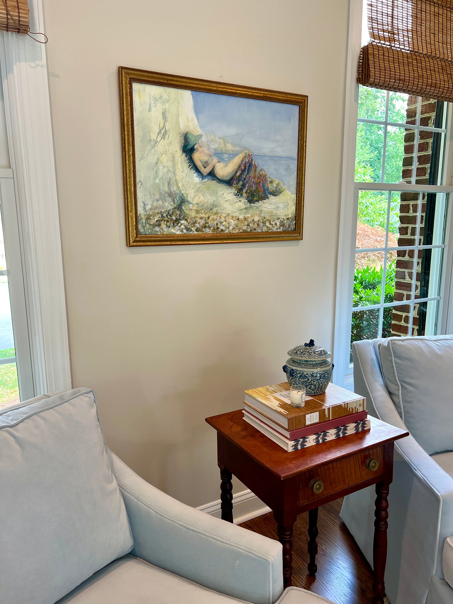 Contemporary Tranquil Nude Sunbather Oil Painting in Gold Frame