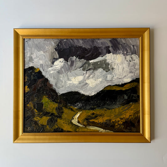 Moody Scottish Highlands Mountain Landscape at Sunset Impasto Oil Painting in Gold Frame