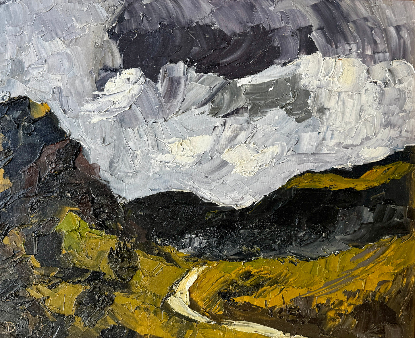 Moody Scottish Highlands Mountain Landscape at Sunset Impasto Oil Painting in Gold Frame