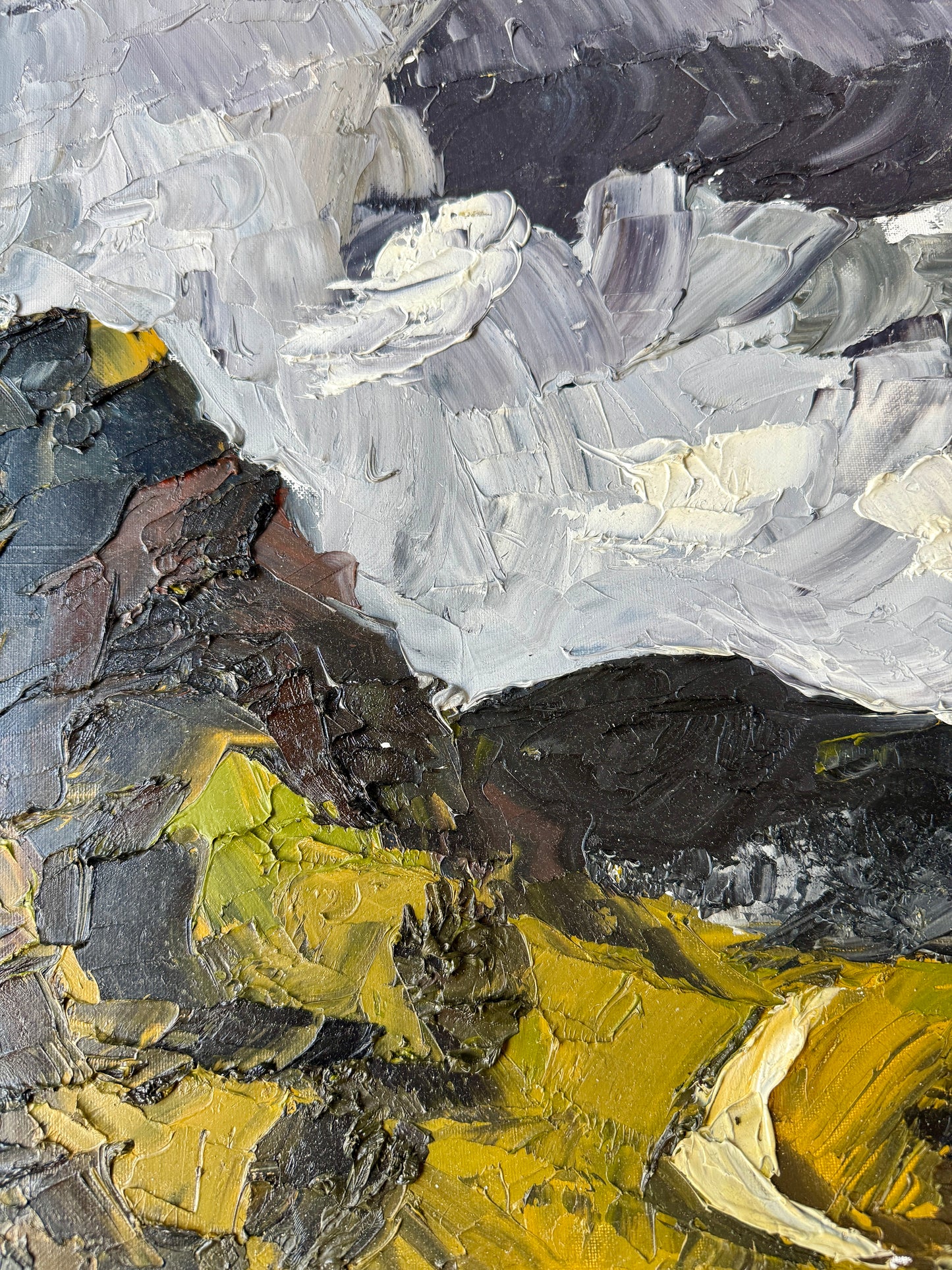 Moody Scottish Highlands Mountain Landscape at Sunset Impasto Oil Painting in Gold Frame