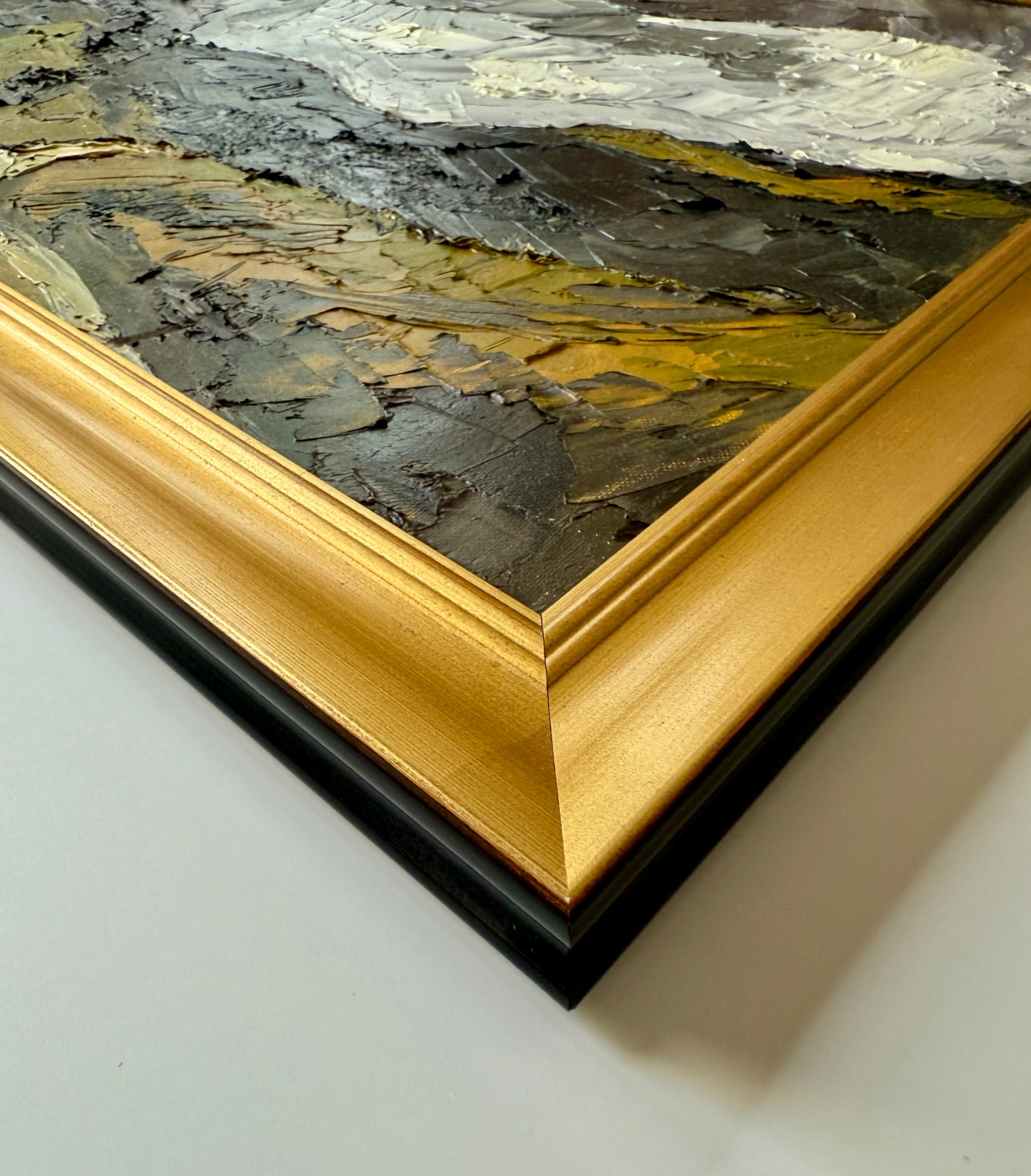 Moody Scottish Highlands Mountain Landscape at Sunset Impasto Oil Painting in Gold Frame