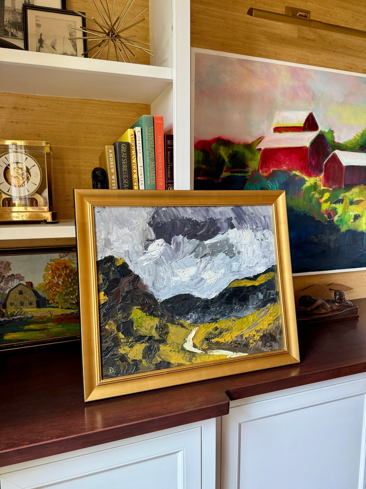 Moody Scottish Highlands Mountain Landscape at Sunset Impasto Oil Painting in Gold Frame