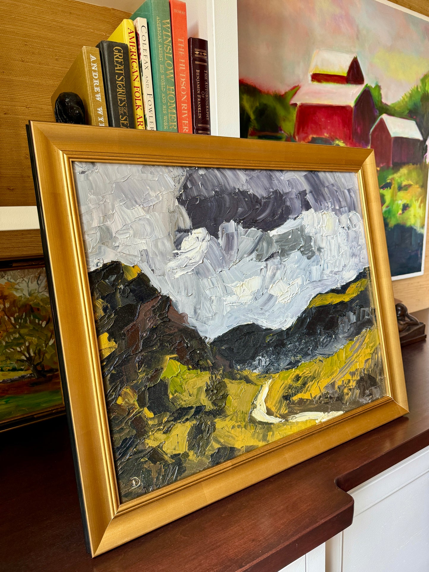 Moody Scottish Highlands Mountain Landscape at Sunset Impasto Oil Painting in Gold Frame