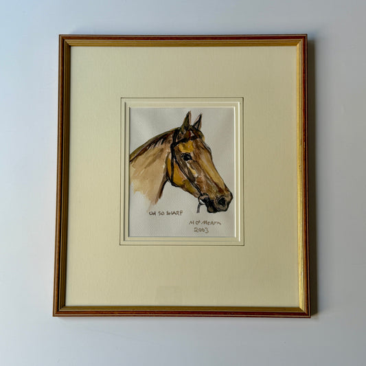 Mary O'Meara Watercolor Horse Portrait Oh So Sharp in Gold Frame