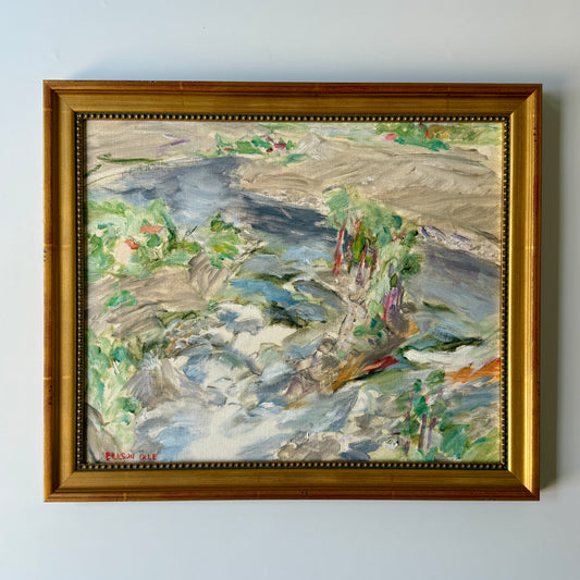 Olle Ericson Expressionist Colorful Waterside Landscape Oil Painting in Gold Beaded Frame