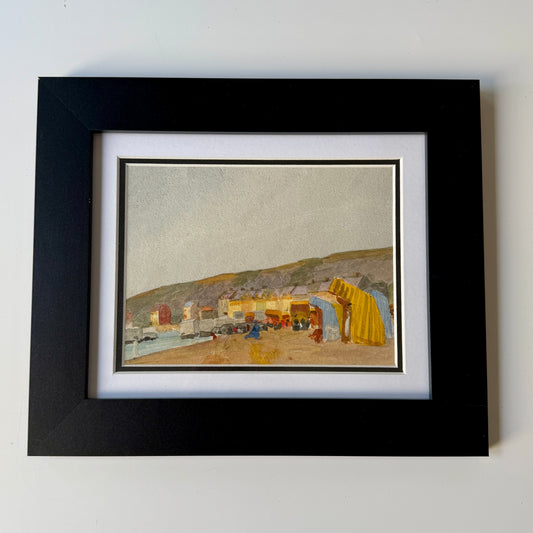 Arthur Ellis Early 20th Century Watercolor Colorful Tents and Beach Goers in Black Frame