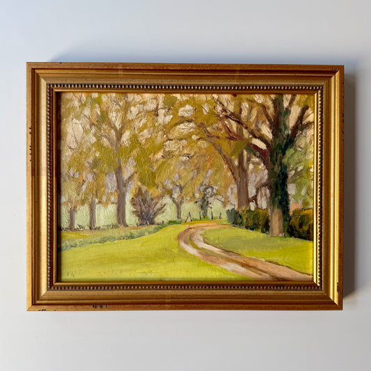 Vita Gollancz High Hall Tree Lined Country Driveway Oil Painting in Gold Frame