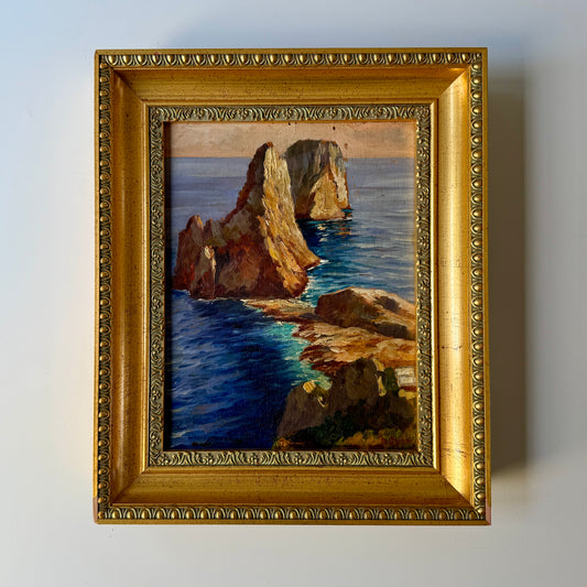 Early-Mid 20th c. Faraglioni di Capri Italy Seascape Oil Painting in Gold Frame