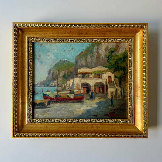 Early-Mid 20th c. Capri Italy Seaside Townscape Oil Painting in Gold Frame