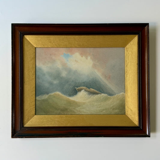 Early 20th century "Salvation" Boat in Seascape Oil Painting in Antique Wood Frame