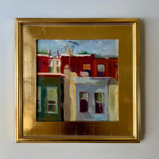 Emil Corsillo Modernist Cityscape Boston's Back Bay Oil Painting in Gold Frame