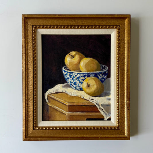 Susan Mackey Blue and White Chinoiserie Bowl with Apples Still Life in Gold Frame