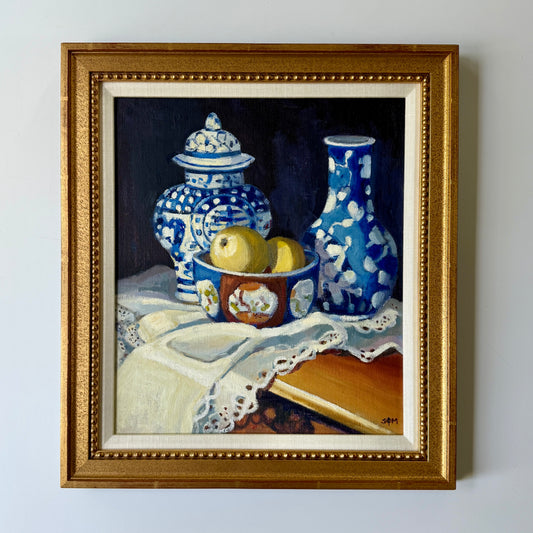Susan Mackey Blue and White Chinoiserie with Apples Still Life in Gold Frame