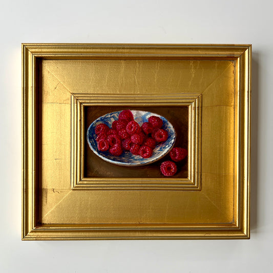 Contemporary Raspberries in Blue and White Bowl Still Life Oil Painting in Gold Frame