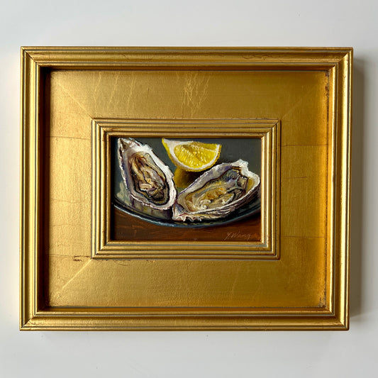 Contemporary Oysters and Lemons Still Life Oil Painting in Gold Frame