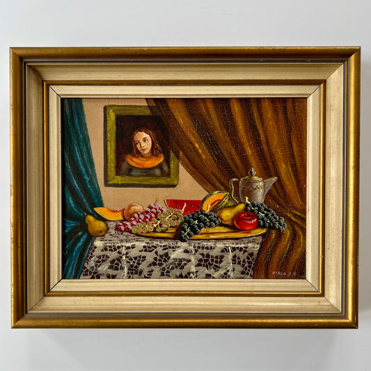 Vintage Interior Still Life with Melons, Grapes and Female Portrait Oil Painting in Gold Frame