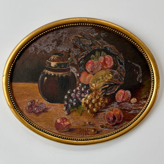 1924 Oval Still Life with Fruit Oil Painting in Oval Gold Frame