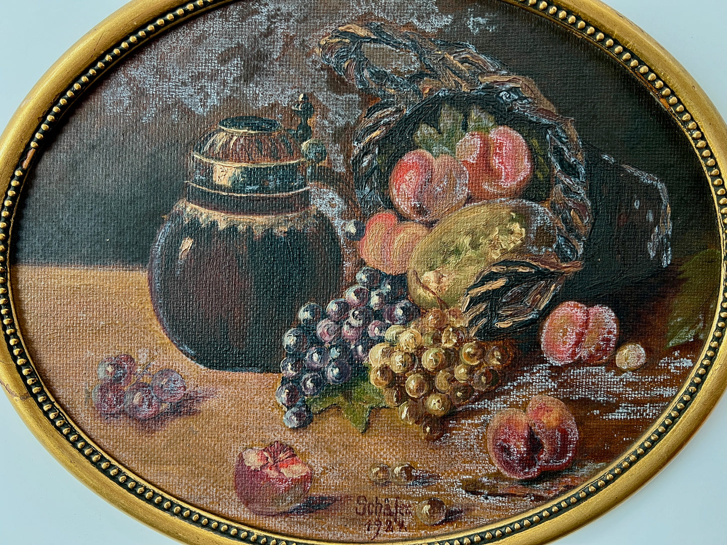 1924 Oval Still Life with Fruit Oil Painting in Oval Gold Frame