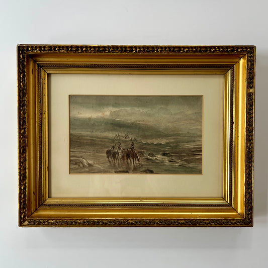 Attributed to Thomas Bush Hardy 19th Century Coastal Scene with British Soldiers on Horseback Watercolor in Original Gold Frame