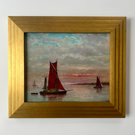 1963 Red Sailboats at Dusk Seascape Oil Painting in Gold Frame