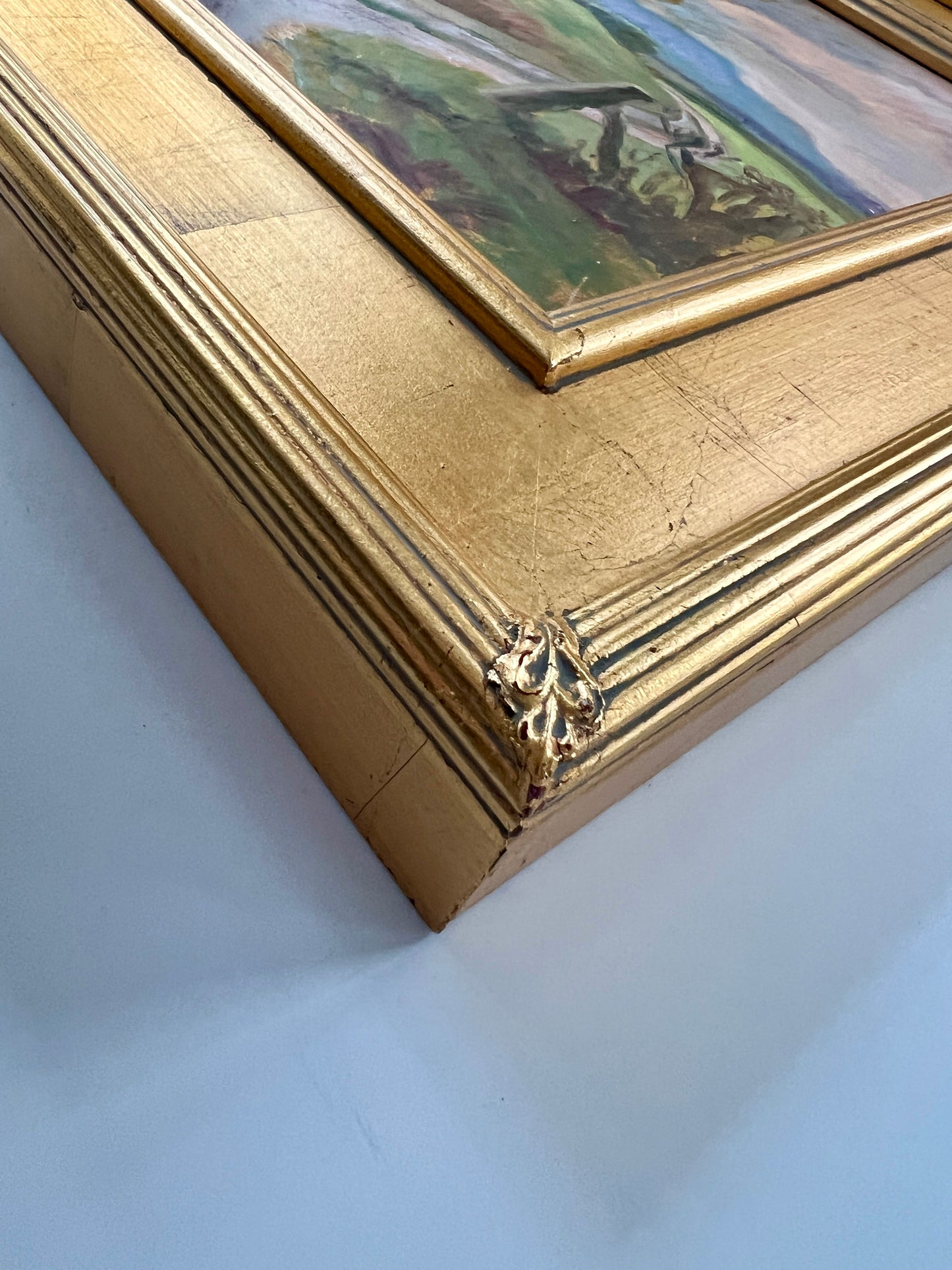 Vintage Pink Sky Garden Landscape Oil Painting in Gold Frame