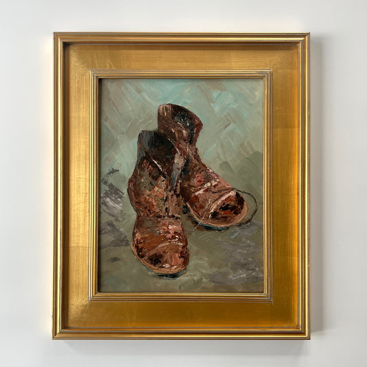 Vintage Impressionist Still Life of Brown Leather Boots Oil Painting in Gold Frame