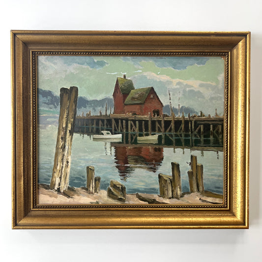 Vintage Coastal Harbor Scene with Boats Oil Painting in Gold Frame