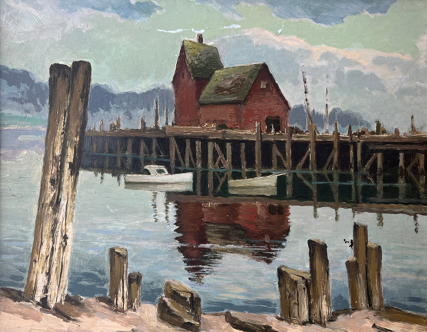 Vintage Coastal Harbor Scene with Boats Oil Painting in Gold Frame