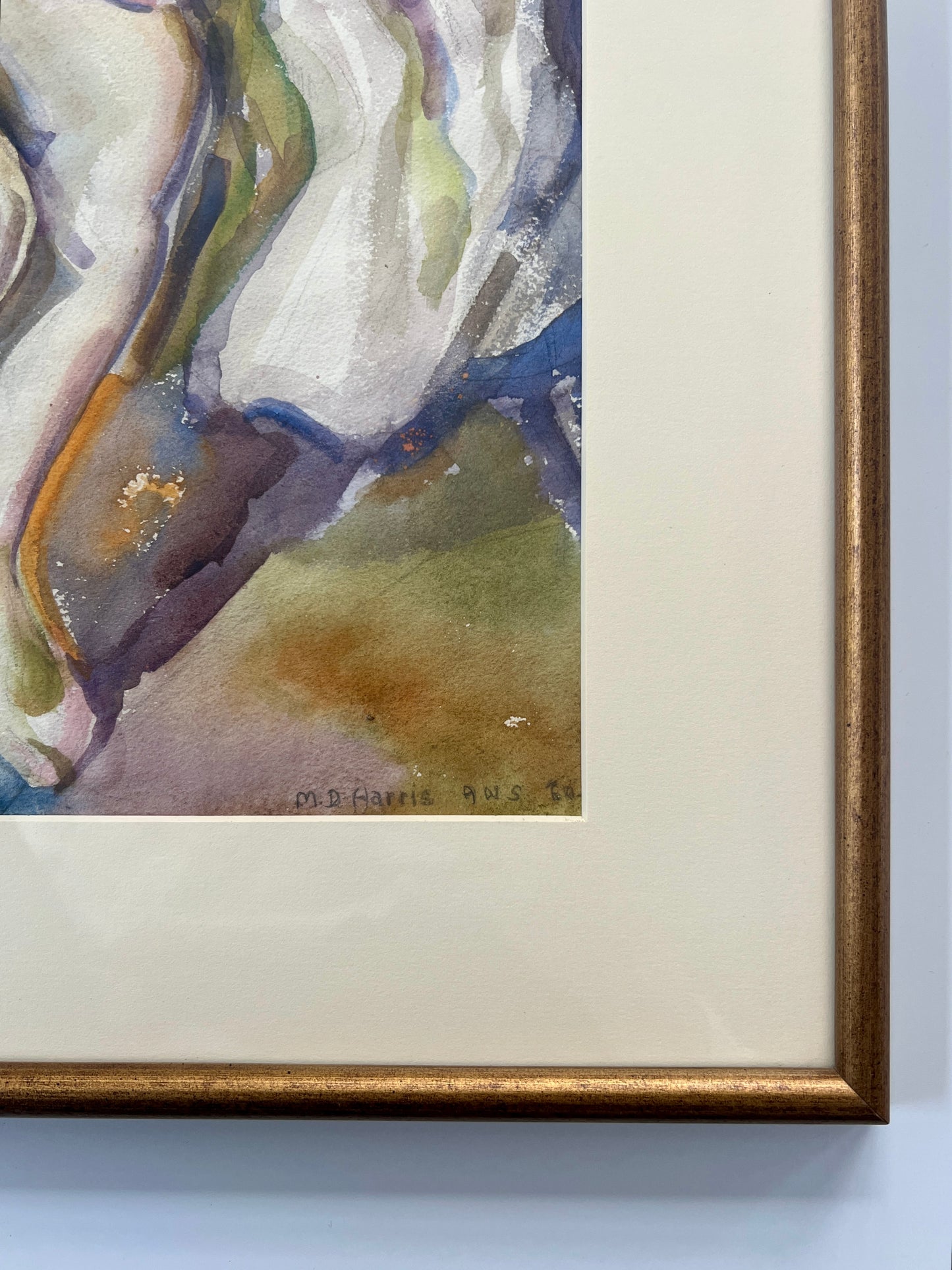Marian D. Harris Nude Female Watercolor Portrait in Gold Frame