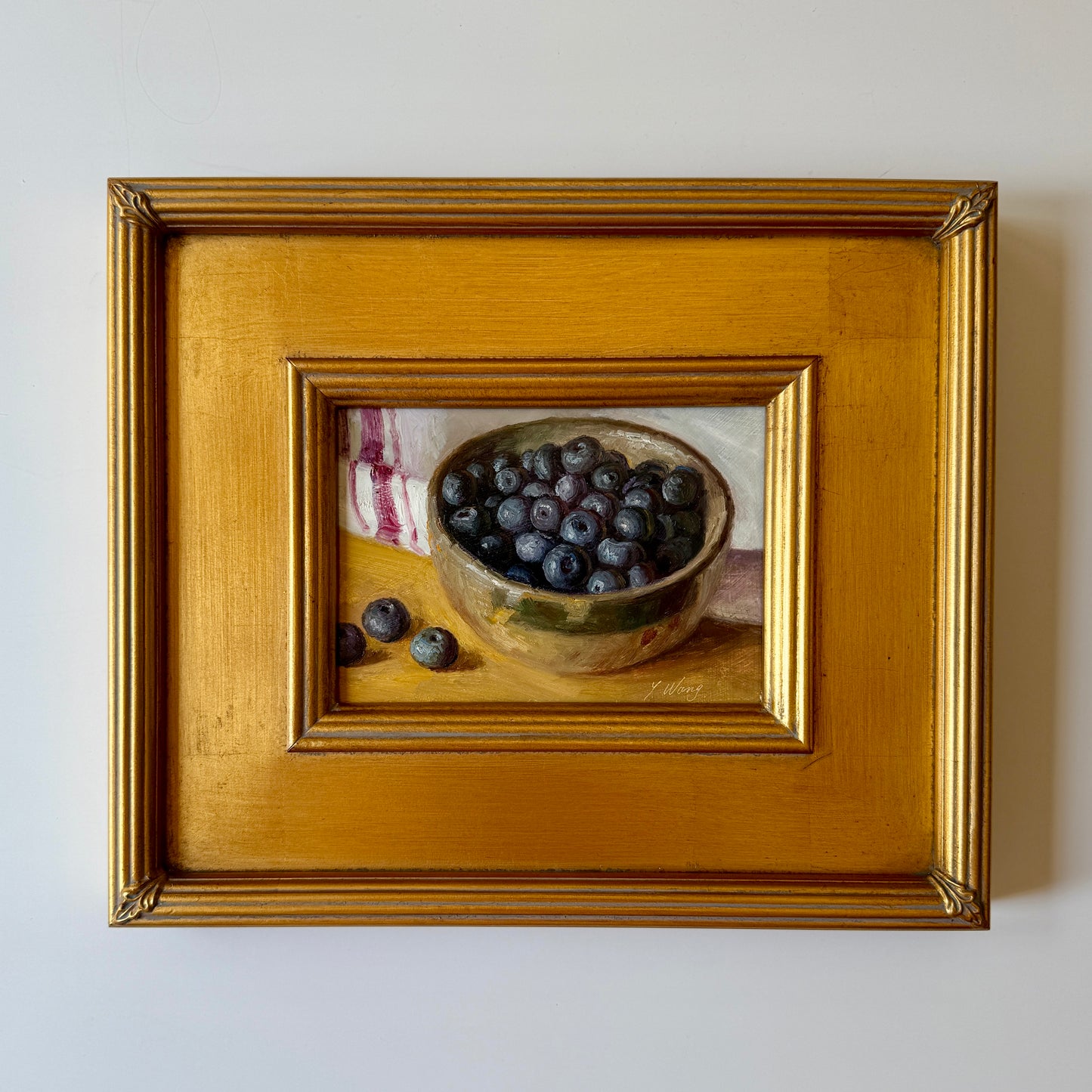 Blueberries and Red White Towel Still Life Oil Painting in Gold Frame