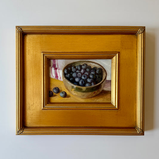 Blueberries and Red White Towel Still Life Oil Painting in Gold Frame