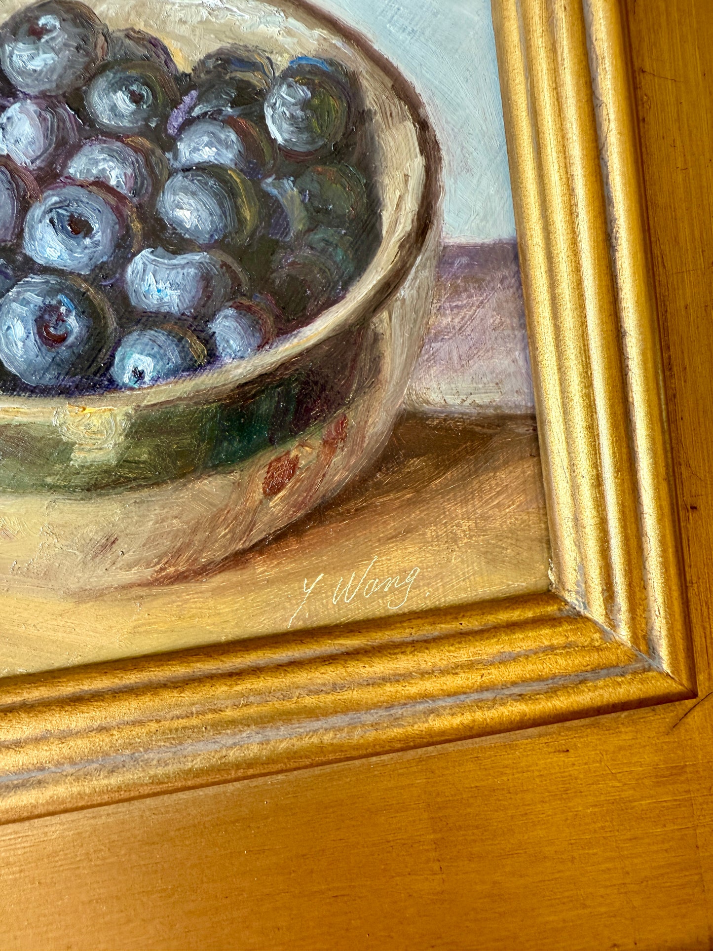 Blueberries and Red White Towel Still Life Oil Painting in Gold Frame