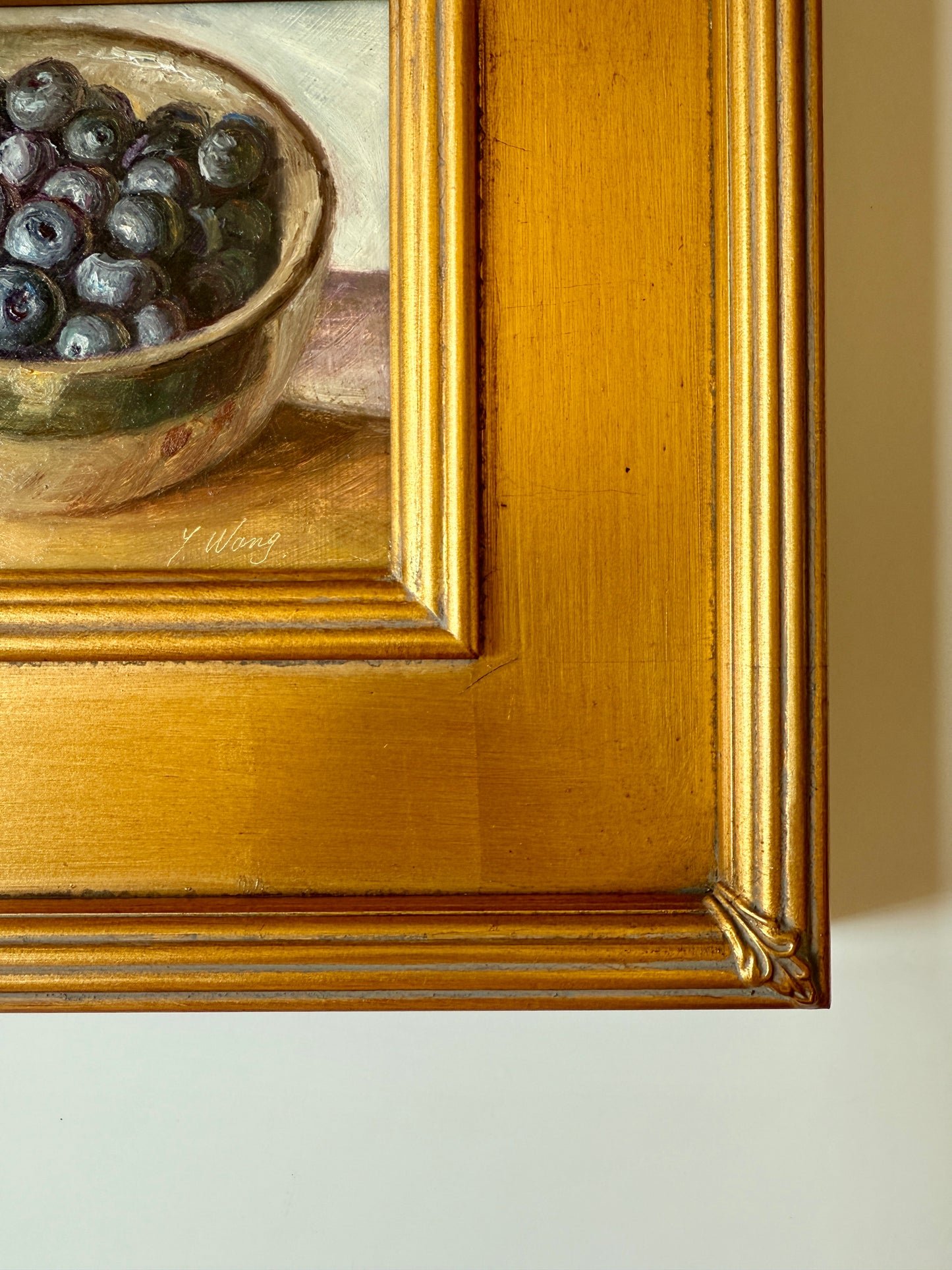 Blueberries and Red White Towel Still Life Oil Painting in Gold Frame