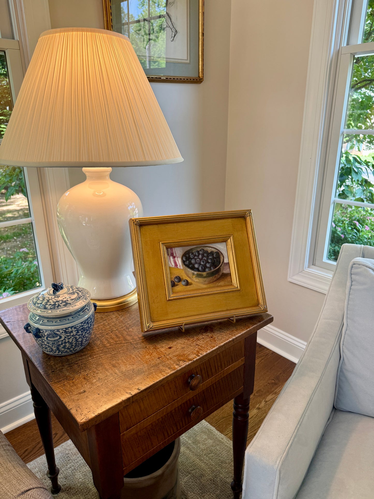 Blueberries and Red White Towel Still Life Oil Painting in Gold Frame
