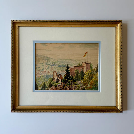 Early 20th Century Watercolor Baden-Baden Germany Landscape in Gold Scalloped Frame