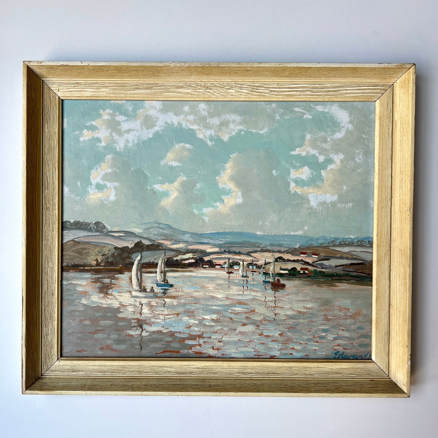 John Edwards (British, b. 1914) "Cornish Sailing Club" Coastal Landscape with Sailboats in Yellow Frame