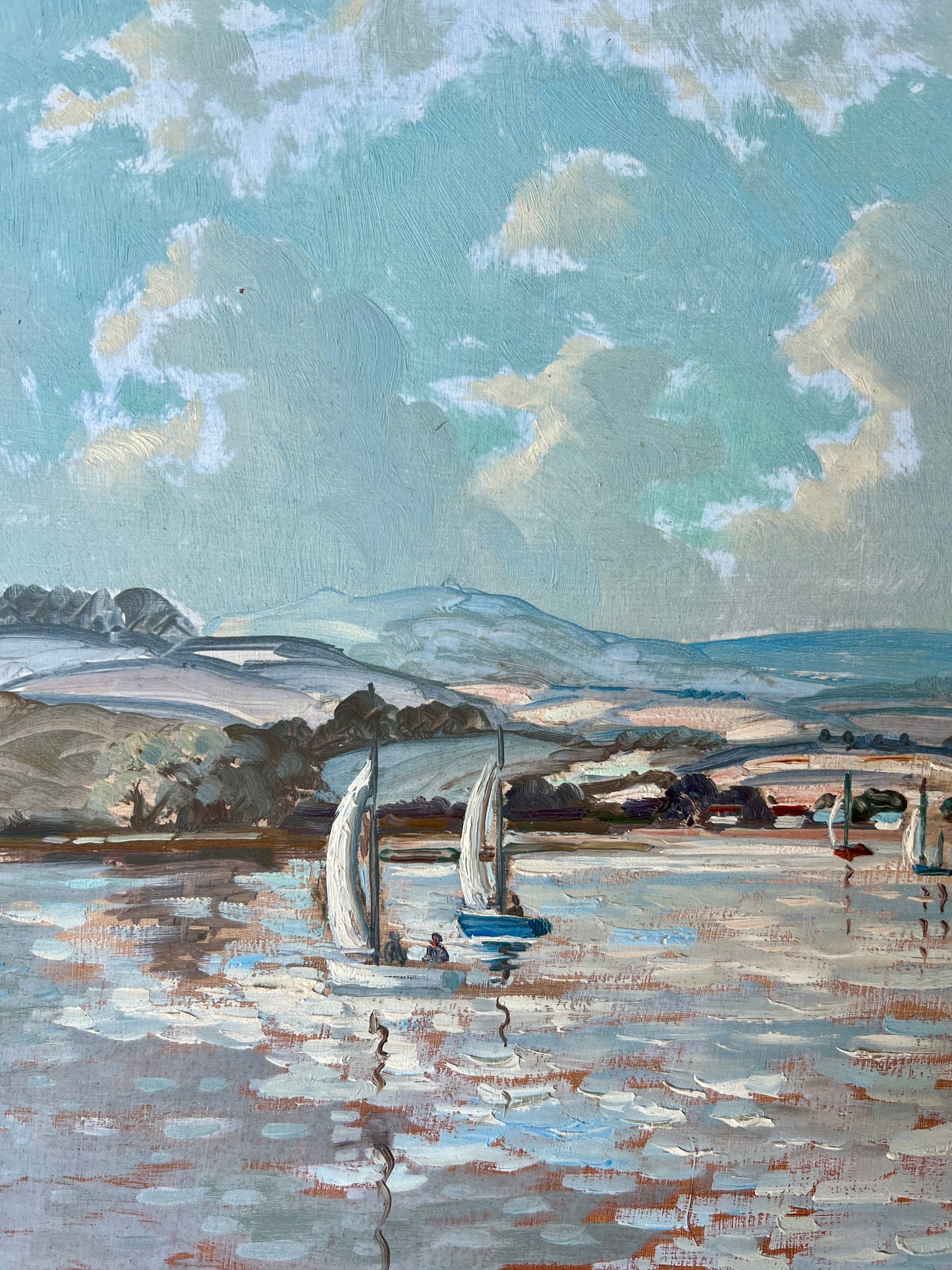 John Edwards (British, b. 1914) "Cornish Sailing Club" Coastal Landscape with Sailboats in Yellow Frame