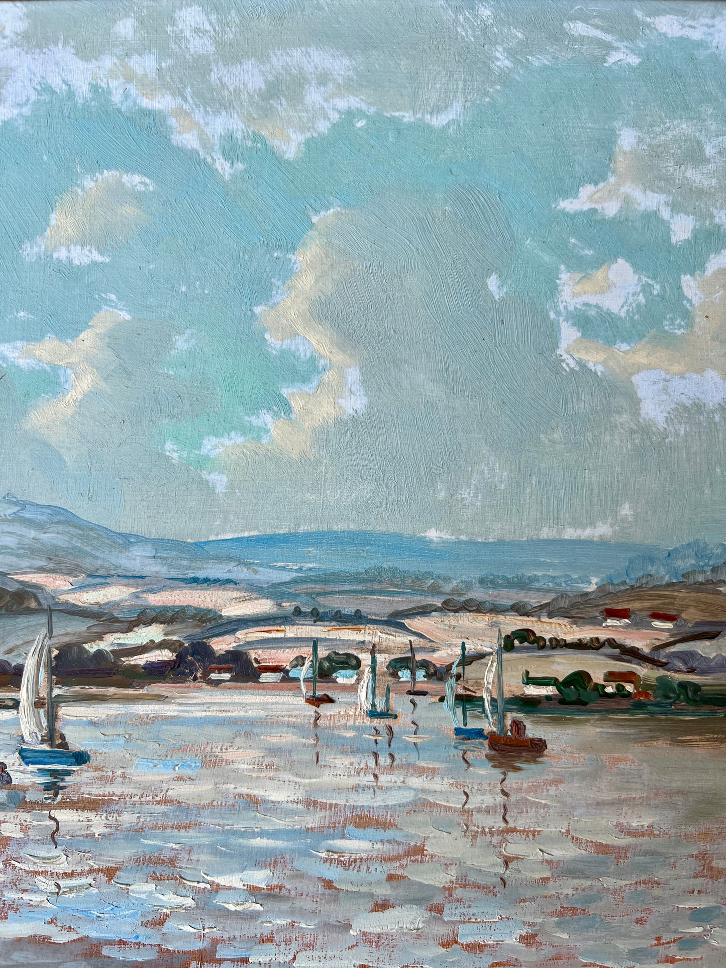 John Edwards (British, b. 1914) "Cornish Sailing Club" Coastal Landscape with Sailboats in Yellow Frame