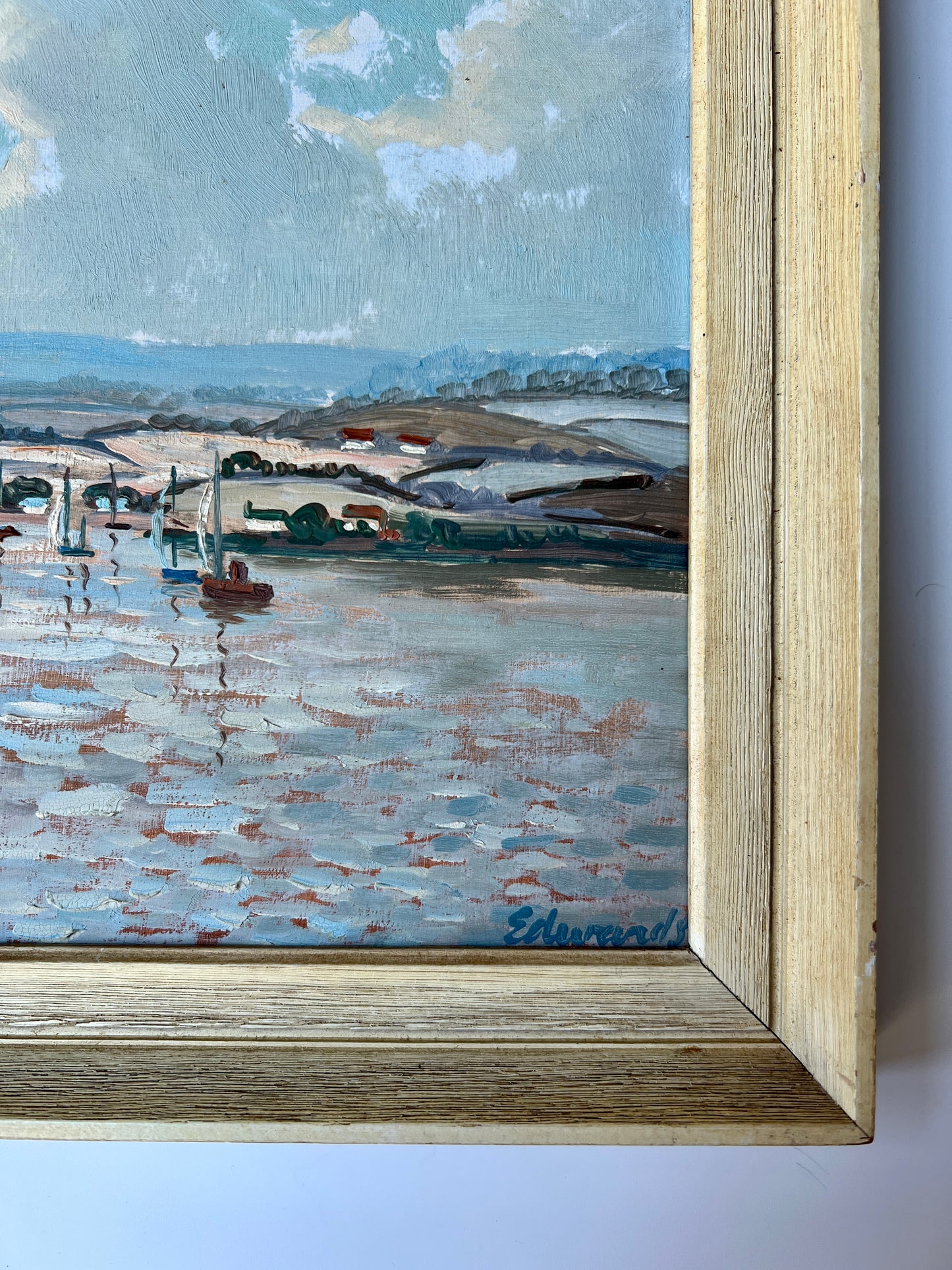 John Edwards (British, b. 1914) "Cornish Sailing Club" Coastal Landscape with Sailboats in Yellow Frame