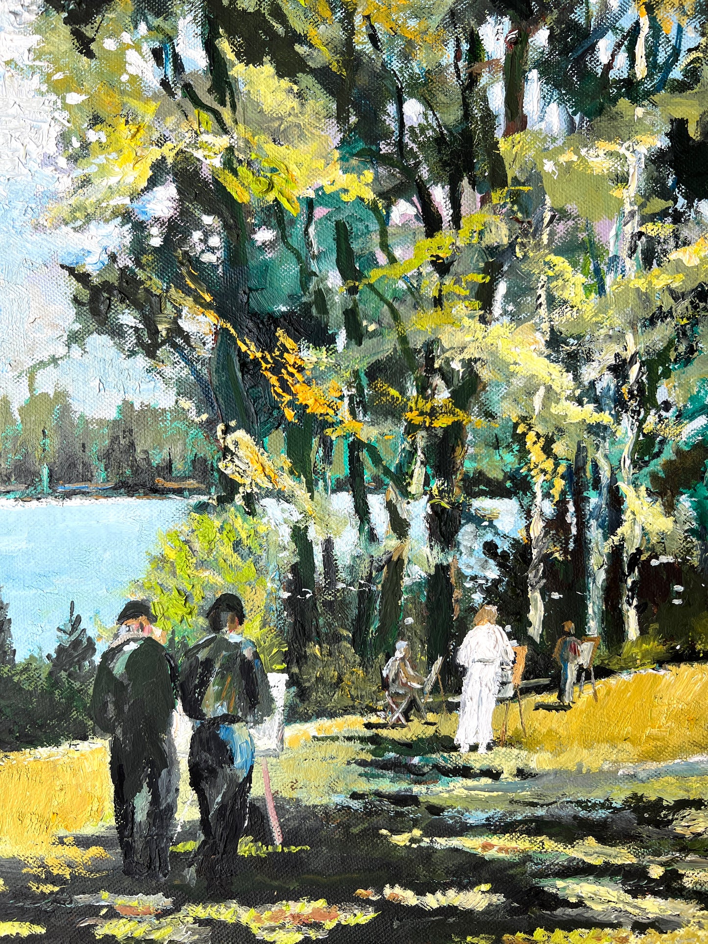 Contemporary Portrait of Plein Air Artists by the Lake in Gold and Black Frame