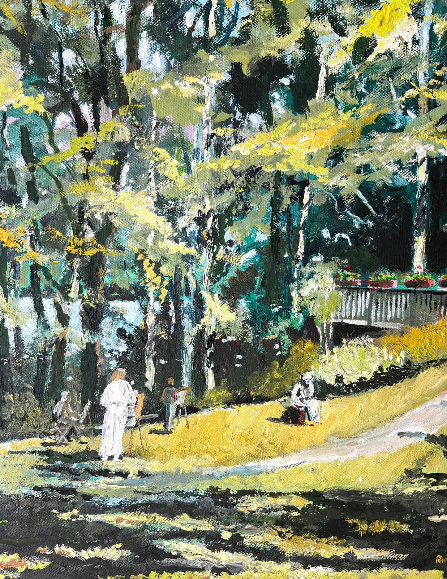 Contemporary Portrait of Plein Air Artists by the Lake in Gold and Black Frame