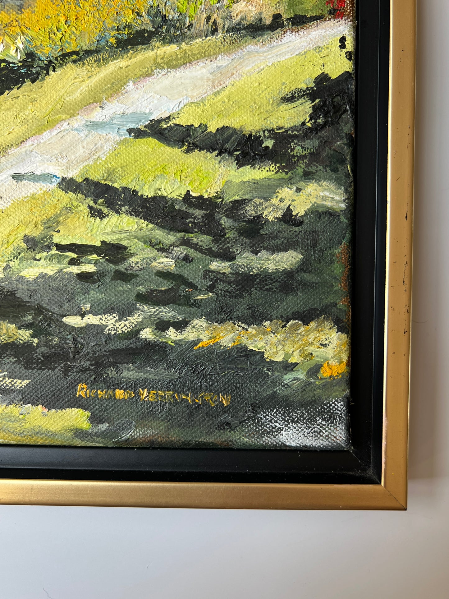 Contemporary Portrait of Plein Air Artists by the Lake in Gold and Black Frame