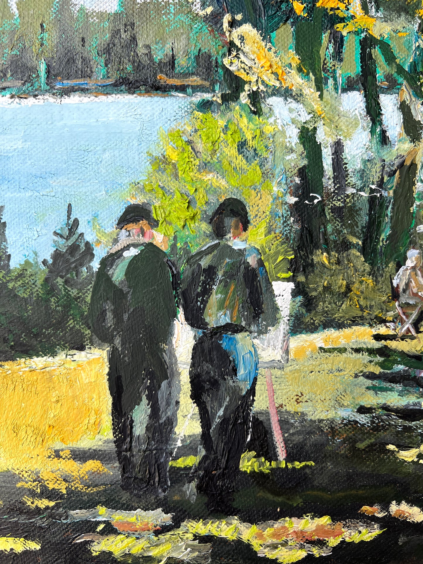 Contemporary Portrait of Plein Air Artists by the Lake in Gold and Black Frame