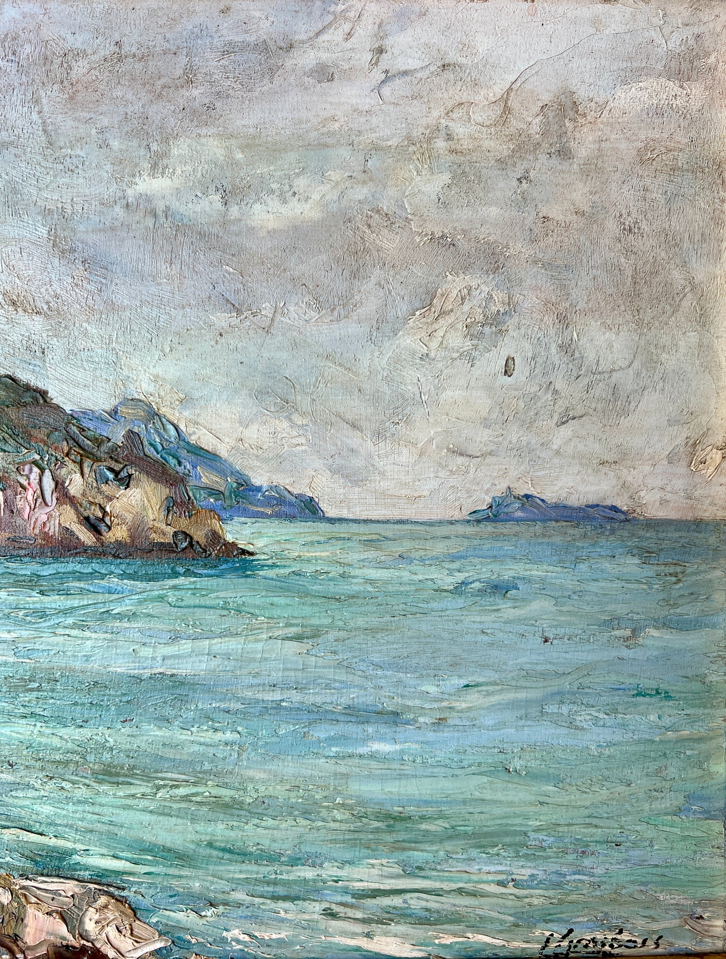 Antique French Coastal Landscape with Houses Oil Painting in Gold Frame