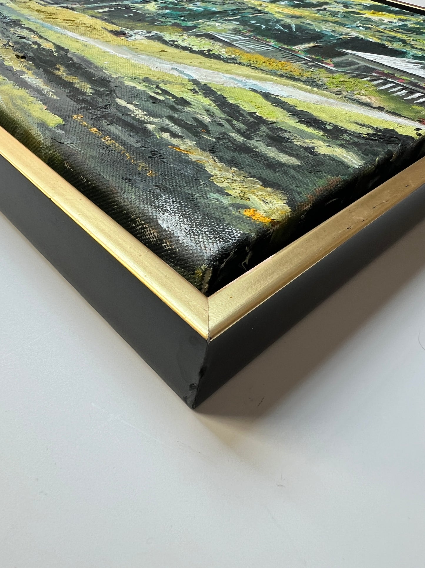 Contemporary Portrait of Plein Air Artists by the Lake in Gold and Black Frame