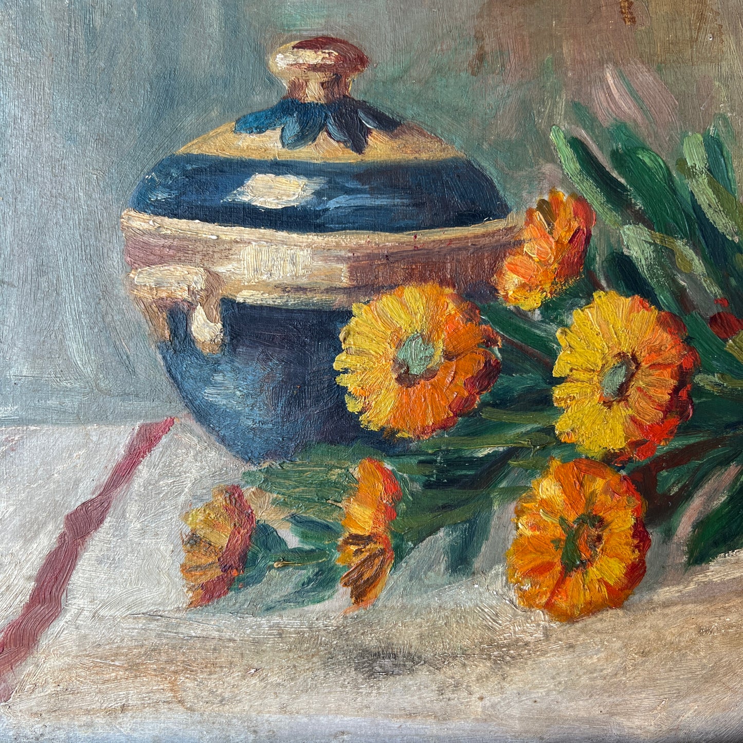 Antique French Still Life of a Blue Jar and Orange Daisies in Original Carved Gold Frame