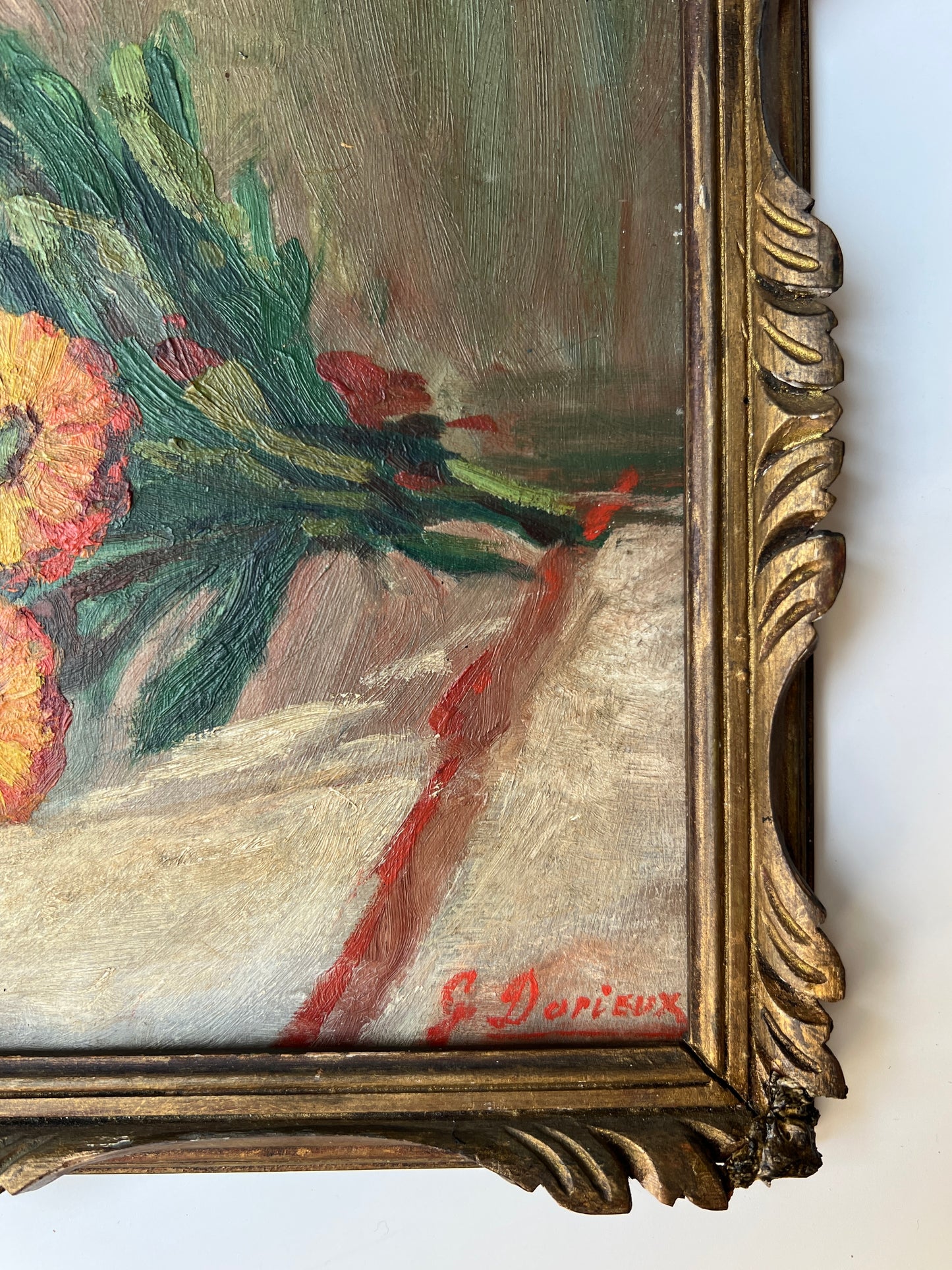 Antique French Still Life of a Blue Jar and Orange Daisies in Original Carved Gold Frame