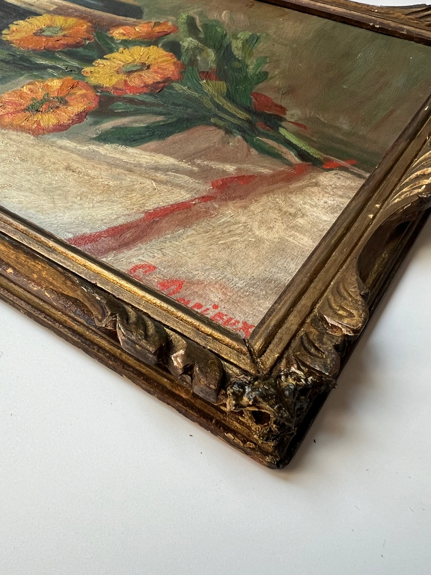 Antique French Still Life of a Blue Jar and Orange Daisies in Original Carved Gold Frame