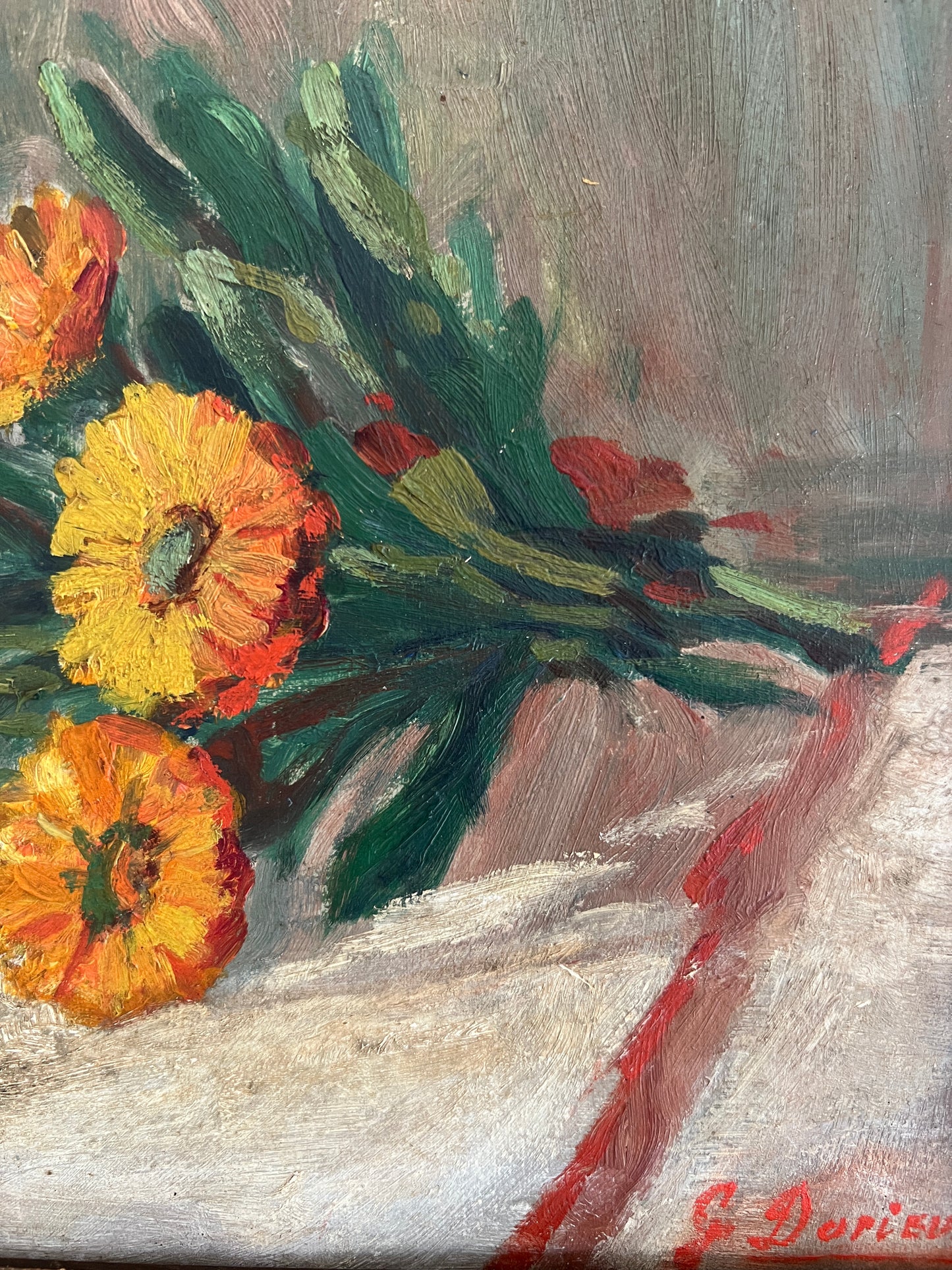 Antique French Still Life of a Blue Jar and Orange Daisies in Original Carved Gold Frame