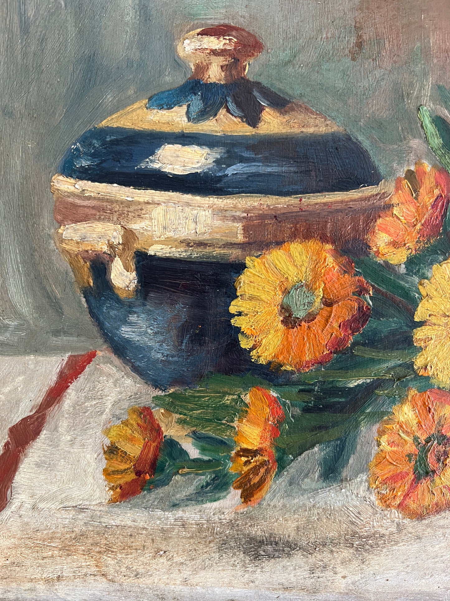 Antique French Still Life of a Blue Jar and Orange Daisies in Original Carved Gold Frame